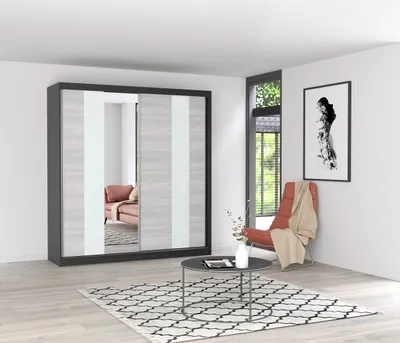 Produktbild von Easy4You M32 Schwarz/Kathult Schiebetürenschrank Kleiderschrank 203x218x61 cm mit Spiegel - Schlafzimmermöbel, Aufbewahrung – Mehrzweckschrank mit Kleiderstange