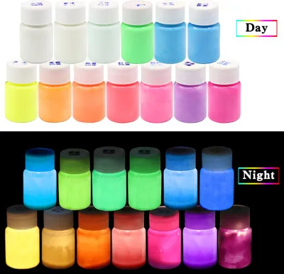 A collage showing bottles of glow-in-the-dark paint in daylight and in the dark.