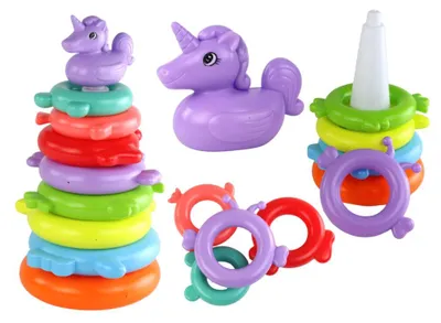 Imagen del producto de Rompecabezas piramidal de unicornio, 8 círculos, colores variados, 29 cm x 14 cm x 14 cm