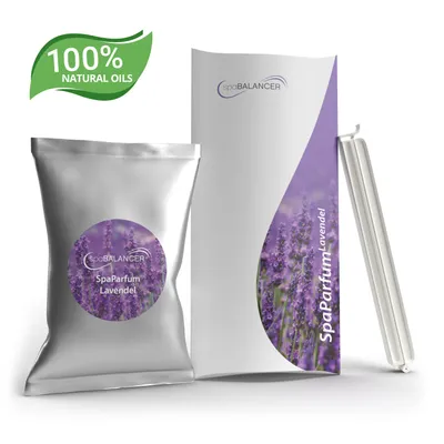A product shot of SpaBalancer SpaParfum Lavendel, including a sachet, a box, and a refill stick.