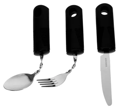 Produktbild von 3-teiliges adaptives Besteckset aus Edelstahl, biegsam zur Verringerung von Handgelenkbelastung, rutschfester Löffel, Gabel und Messer für Senioren und Personen mit Einschränkungen