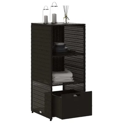 A black poly rattan storage cabinet with shelves and a drawer, displayed against a white background. Decorative items like lanterns, candles, and a diffuser are placed on top.