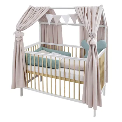 Produktbild von Baby-Delux Hausbett Kinderbett Gitterbett Weiß Natur 60x120 Beißschienen Schutzgitter Matratze Bett Set Waffelpique Teddy Beige Mint Musselin Hhimmel