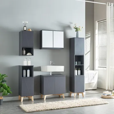 A modern bathroom with a set of gray furniture, including cabinets, a sink, and a tall storage unit.