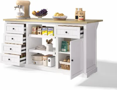 Produktbild von AIORBER Multifunktionales Sideboard Kücheninsel mit 5 Schubladen, 2 Ausziehböden, klappbarer Platte, Steckdosen, Weiß, 150×65×75 cm
