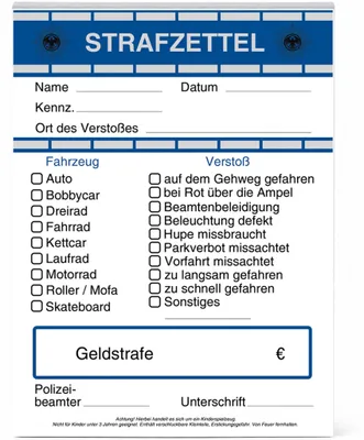 Farbig bedruckter Polizei-Strafzettelblock für Kinder im A6-Format mit Fahrzeugen, Verstößen und Feldern zum Ausfüllen.