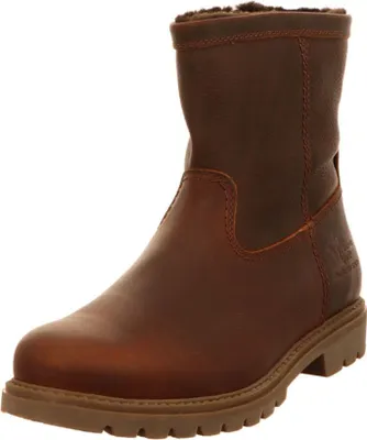 A single brown leather boot with fur lining is shown against a white background.