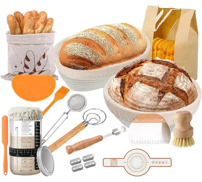 Immagine prodotto di Set per la preparazione del pane a lievitazione naturale: 2 cesti per la lievitazione, contenitore in vetro, spatola in silicone, forma ovale da 25 cm e forma rotonda da 23 cm. Accessori per la panificazione