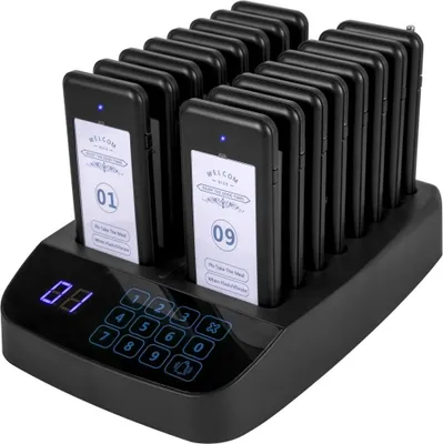 Obrázok produktu pre 16-Pager Restaurant Call System - 98 Channels Guest Pager - Touchscreen Wireless Call System - Black Wireless Guest Call Wireless Customer Call System - Bars, Restaurant, Cafeteria, Hotel etc.