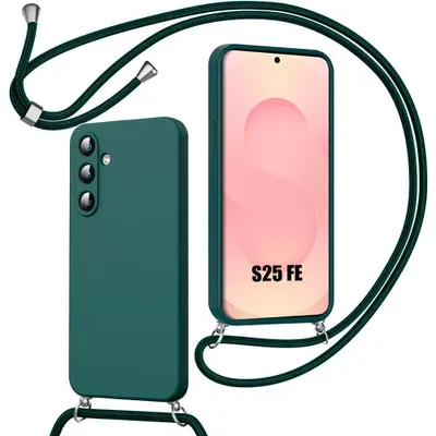 Image de Coque pour Samsung Galaxy S25 FE, Silicone Liquide Souple Anti-Rayure avec Cordon Vert Nuit