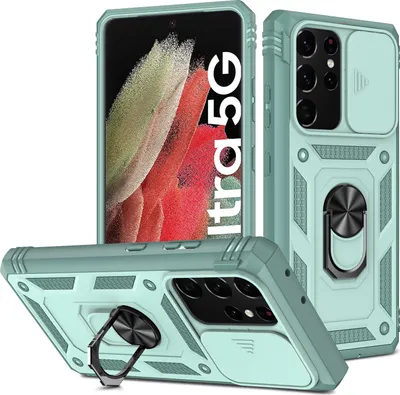 Produktbild von Galaxy S21 Ultra 5G Hülle, Schiebe Kamera Schutz Robust Rüstung Stoßfest Schutzhülle mit Ringhalterung Ständer Kartenhalter für Samsung Galaxy S21 Ultra 5G Rot