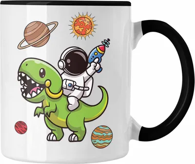 Produktbild von Trendation - Dinosaurier T-Rex Astronaut Weltall Tasse Grafik Geschenk Lustig (Schwarz)