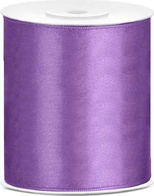 A roll of lavender satin ribbon on a white background.