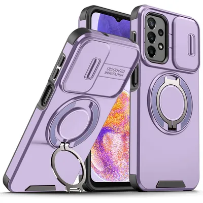 Produktbild von Handyhülle für Samsung Galaxy A23 5G/4G Dual Layer Stoßfest Hülle mit Dia Kameraschutz, Magnetisch Ring Ständer Lila