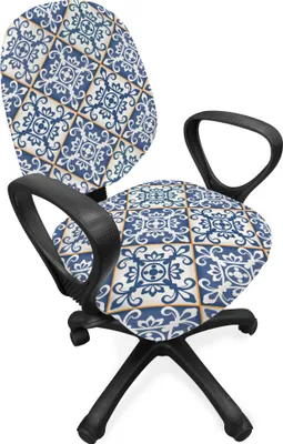 Produktbild von ABAKUHAUS marokkanisch Bürostuhl Schonbezug, Azulejo Keramik Motiv, dekorative Schutzhülle aus Stretchgewebe, Blau Creme Marigold