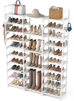 Produktbild von Schuhregal 10 Ebenen Metall Weiß 54-62 Paar Platzsparend mit Haken 127x30x173cm