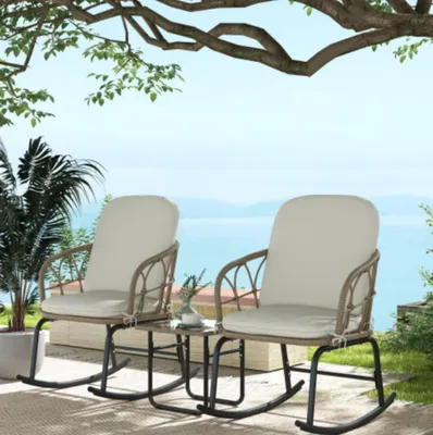 Produktbild von 3-tlg Schaukelstuhl-Set mit 2 Schaukelstühlen & 1 Couchtisch, Gartenmöbel-Set mit Kissen für Terrasse