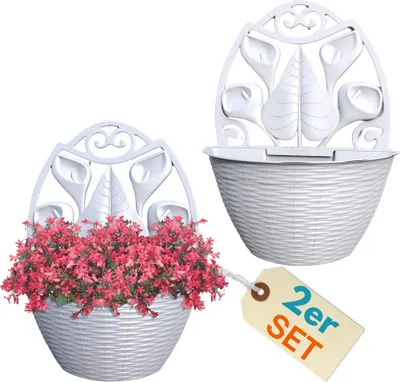 Produktbild von 2er Set Blumentopf Wand Blumentopf Wandmontage Wandblumentopf Wandvasen für Pflanzen Pflanzen Wandhalterung Wandtopf Außenbereich 32 cm Weiß Rattan Optik