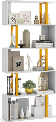 A multi-tiered, S-shaped bookshelf filled with decorative items.