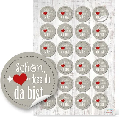 Produktbild von 48 runde Aufkleber SCHÖN DASS DU DA BIST 4 cm grau weiß rot Herz shabby selbstklebende Sticker Etiketten Hochzeit Taufe Kommunion Geburtstag Gastgeschenk Verpackung give-away Deko Feste Geschenke Präsente96 Aufkleber / 4 Bögen