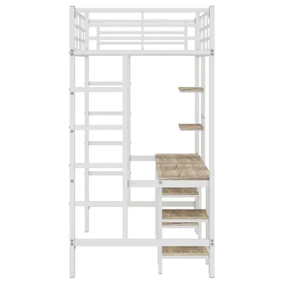Produktbild von Flieks Etagenbett 90x200cm mit Schreibtisch und Regal, Hochbett mit Leiter, Kinderbett mit Lattenrost und Rausfallschutz, Einzelbett Stockbett Weiß