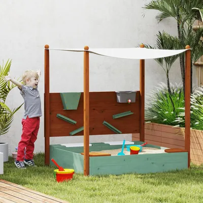 Produktbild von SUGIFT Sandkasten mit Sonnendach, Sitzbank, 2 Aufbewahrungsbehälter, Tannenholz, Grün | 116 x 112,5 x 128 cm | 300 kg Sand | UV-beständig