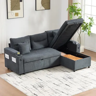 Produktbild von STILVORA Moderne 3-Personen Cordsofa mit Stauraum, Schlafsofa mit Getränkehaltern und USB-C, hydraulischer Chaiselongue, ergonomisch, Dunkelgrau