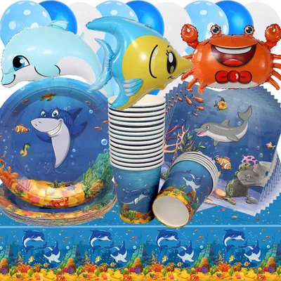 Productafbeelding van Verjaardagsdecoratie set "Oceaan", 76 stuks, inclusief papieren borden, bekers, servetten en ballonnen, ideaal voor kinderfeestjes