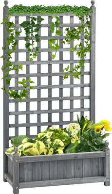 Produktbild von Sweiko Hochbeet Pflanzkasten mit Rankgitter Blumenkasten Rankkasten Rosenbogen mit Rankhilfe für Kletterpflanzen Garten Holz Grau 64 x 28 x 120 cm