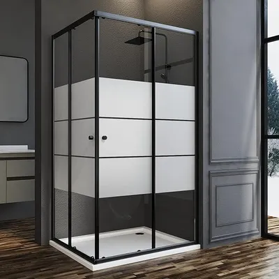 Produktbild von Duschkabine Eckeinstieg 90x90 cm Schiebetür Schwarz Duschabtrennung, Gestreift Eckeinstieg Duschkabine mit Schiebetüren Dusche Duschwand aus 6mm ESG Glas, Höhe 185cm