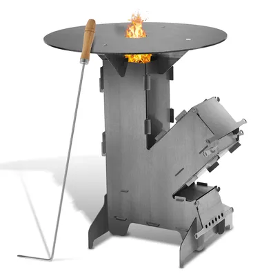 Produktbild von Ikodm Raketenofen Outdoor Grillofen, Steckbarer Campingkocher aus Kohlenstoffstahl mit Grillplatte 50 cm und Feuerhaken für Garten Camping