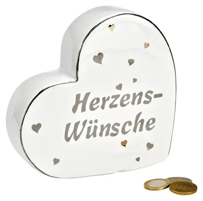 Productafbeelding van Spaarpot Hart, Hartewensen, van wit keramiek (B/H/D) 16x15x5cm