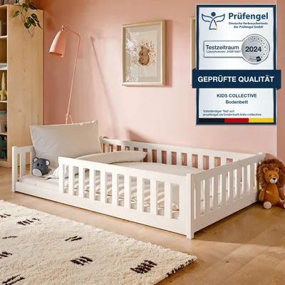 Produktbild von Kinderbett Bodenbett 120x200 cm Bett mit Rausfallschutz & Lattenrost Montessori Bett Kinder Jugendbett | weiß Kiefer Holz massiv Junge Mädchen