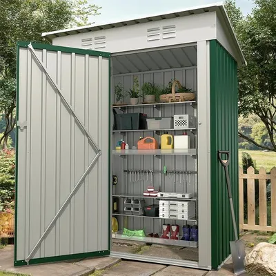 Productafbeelding van Metallische tuinhuisjes, 152x89x183 cm, tuinhuisjes van metaal, opslagruimtes voor buiten, tuinhuis met plat dak, ventilatie en afsluitbare deuren, geschikt voor achtertuin, terras of gazon