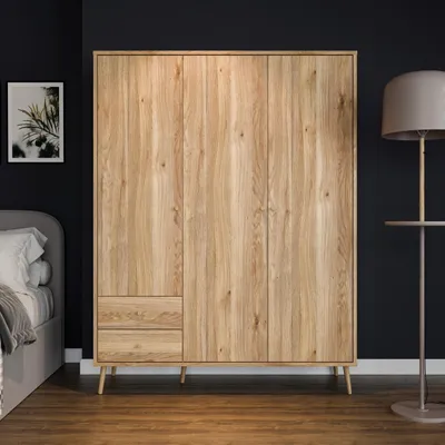 Produktbild von Forte HARLLSON Kleiderschrank 160, Mid-Century-Modern, leichte Montage dank EasyKlix by Forte, 3-türig, 2 Schubladen, Mauvella Eiche Holzdekor, 154,2 cm breit x 201,7 cm hoch x 52,2 cm tief