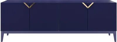Produktbild von Demi Kommode Mit Gefrästen Fronten / Massive Buche / TV-Lowboard Mit 4 Türen / TV-Schrank Mit Dekorativen Fronten Und Goldgriffen / 200 Cm / Marineblau