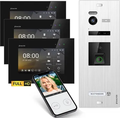 Produktbild von HD Video Türsprechanlage mit Fingerprint RFID und Smartphone App für 1 Familienhaus, 3x Monitore, Balter EVO HD Fingerprint
