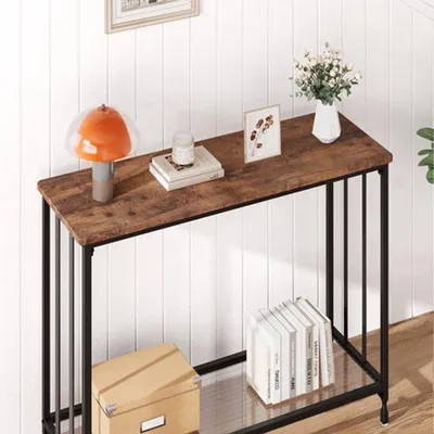 Immagine prodotto di Tavolino consolle - Design compatto - Piano in vetro - Struttura in metallo e MDF - Colore marrone, ideale per il soggiorno