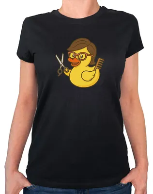 Produktbild von Huuraa Damen T-Shirt Quietscheente Friseurin Comic Gummiente M Black Bio Baumwolle Fairtrade Damenshirt Geschenkidee