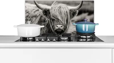 Produktbild von KitchenYeah®  Spritzschutz Küche - Küchenrückwand - Wandschutz für Herd und Spüle - Schottisches Hochlandrind - Kuh - Tiere - Schwarz-Weiß - Ländlich 70x30 - Alu-Dibond (Alternative zum Spritzschutz a