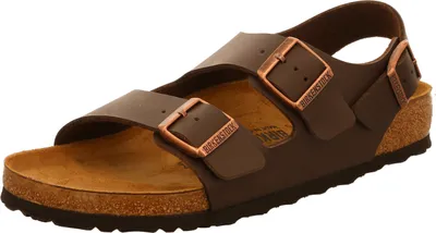 A single brown Birkenstock sandal is shown against a white background.
