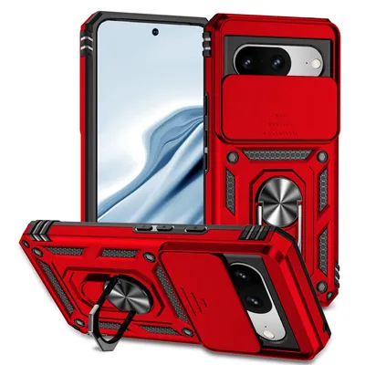Immagine prodotto di Custodia per Google Pixel 8 a doppio strato con copertura scorrevole della fotocamera e supporto ad anello rosso