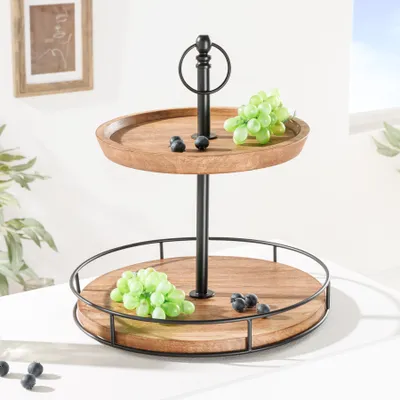 Produktbild von riess-ambiente Massivholz Etagere PURE NATURE 40cm Mango rund mit zwei Etagen schwarzes Metall Schmuckständer Obstschale