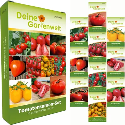 Produktbild von Tomatensamen Set - 10 Sorten Samen - Saatgut Sortiment - Anzuchtset für Tomatenpflanzen - Geschenkset - Stabtomaten, Balkontomaten, Flaschentomaten und mehr