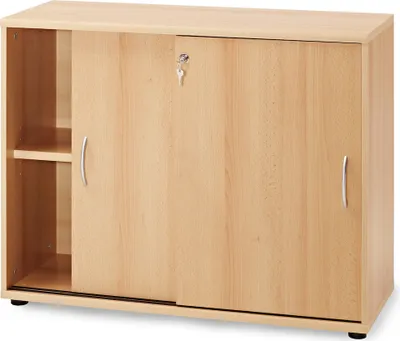 A light brown cabinet with sliding doors and open shelving on the left.