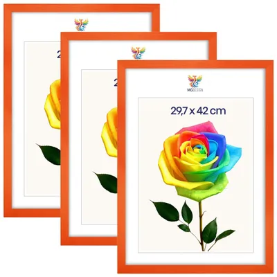 Produktbild von MG Design 3er Set Bilderrahmen Orange A3 29,7x42 cm - Posterrahmen Echtholz mit Acrylglas, stabile Wandaufhängung, hoch/quer