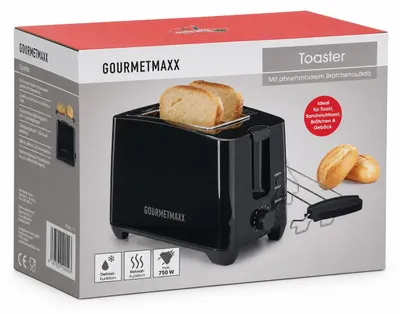 Produktbild von GOURMETmaxx Toaster 750 W, 2 Scheiben Kurzschlitz, schwarz, mit Brötchenaufsatz, Auftau-, Aufwärm- und Abbruchfunktion