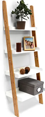 Produktbild von Relaxdays 10019170, Regal für Leitern, Wandverteiler, Bambus, MDF-Platten, Bambus, Badezimmer, Wohnzimmer, 4 Regale