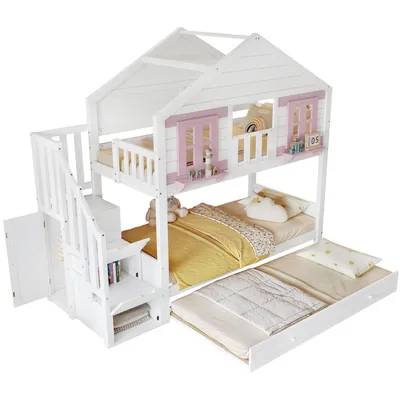 Produktbild von Etagenbett mit 2 Liegeflächen, Gästebett, Kleiderschrank, Lattenrost, Rausfallschutz, Treppe, 90x200cm, Kinderbett, Hausbett, Kiefer
