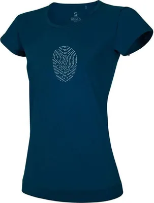 Dunkelblaues T-Shirt für Damen mit einem Fingerabdruck-Motiv auf der Vorderseite.